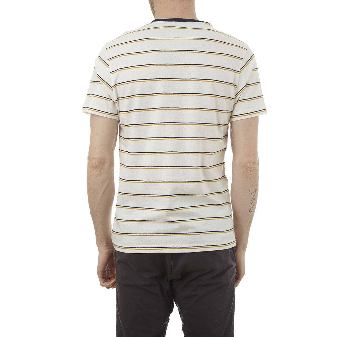 Edgar Striped Tee featuring yarn-dye stripes, chambray back yolk, and a patch pocket, made from 100% cotton.