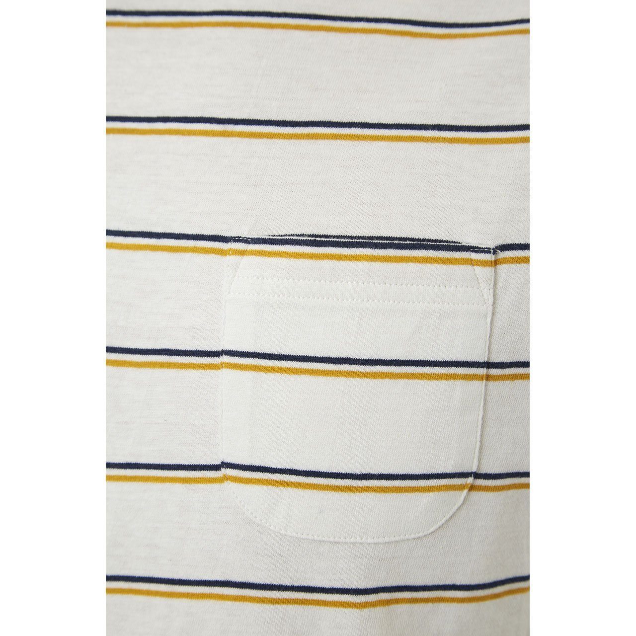 Edgar Striped Tee featuring yarn-dye stripes, chambray back yolk, and a patch pocket, made from 100% cotton.