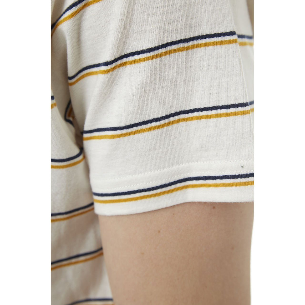 Edgar Striped Tee featuring yarn-dye stripes, chambray back yolk, and a patch pocket, made from 100% cotton.