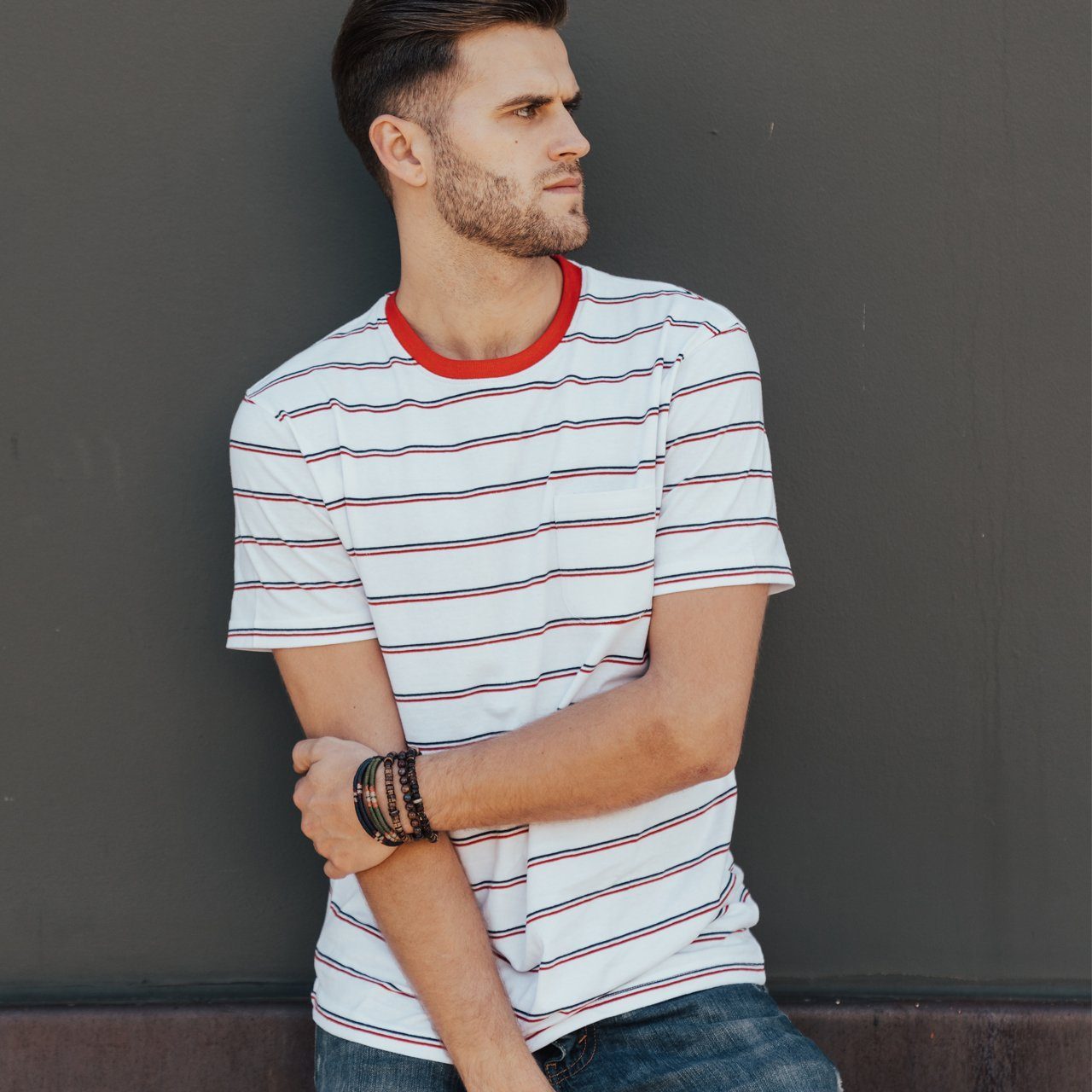 Edgar Striped Tee featuring yarn-dyed stripes, chambray back yolk, and a patch pocket.