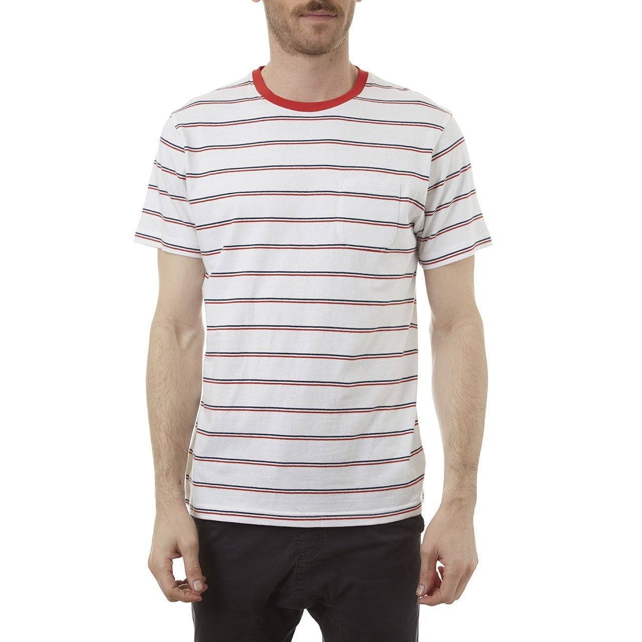 Edgar Striped Tee featuring yarn-dyed stripes, chambray back yolk, and a patch pocket.