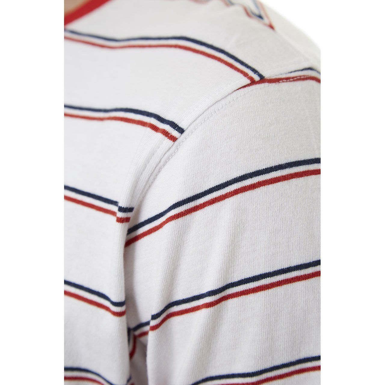 Edgar Striped Tee featuring yarn-dyed stripes, chambray back yolk, and a patch pocket.