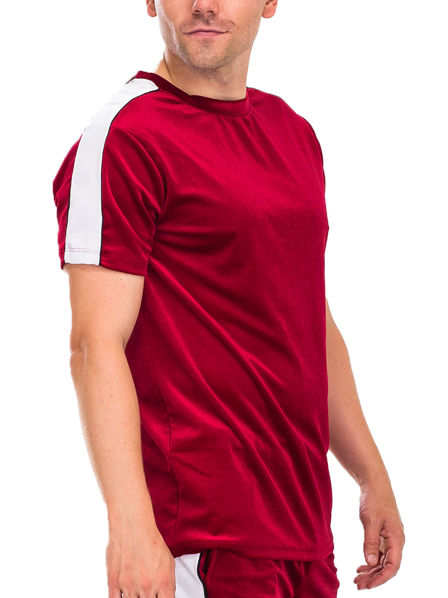 Edison Velour Tee in soft velour fabric with stylish piping detail, displayed on a model.