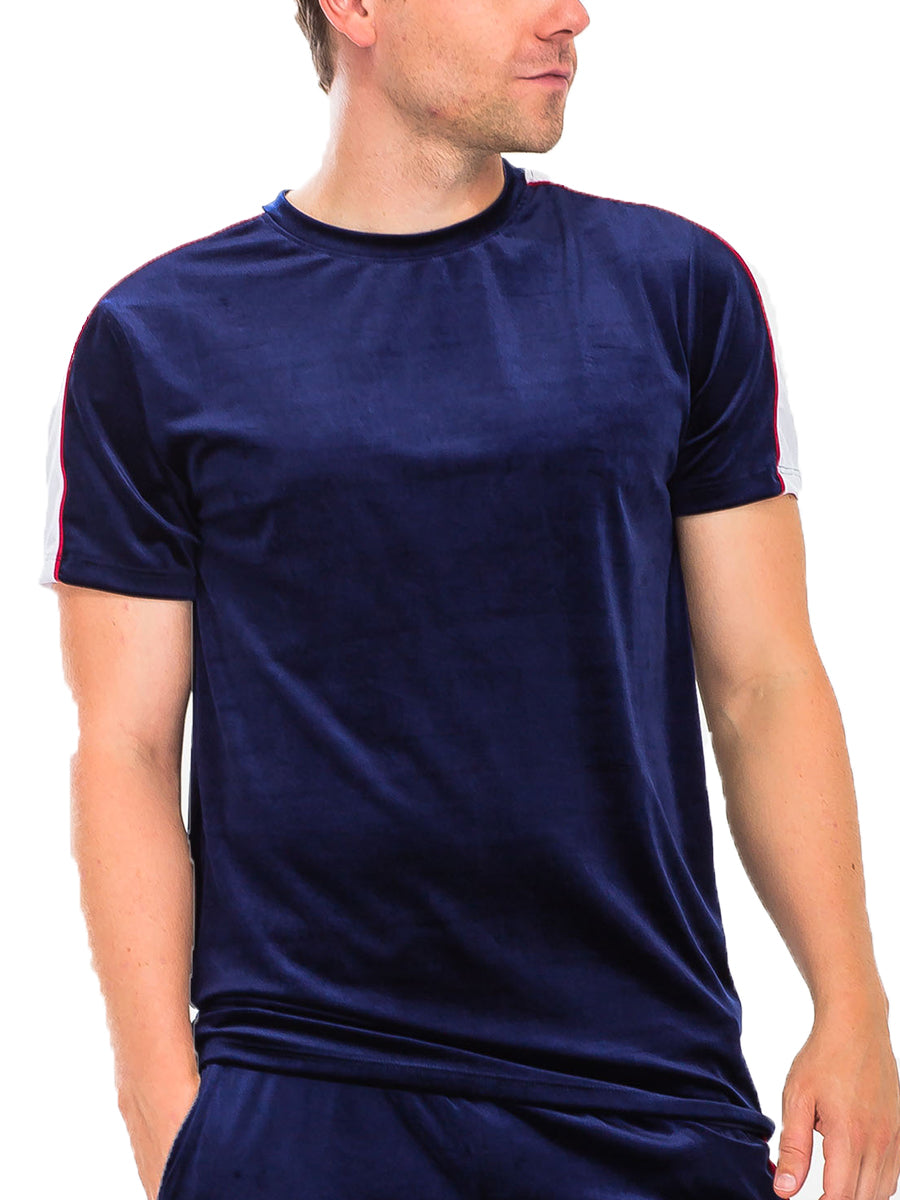 Edison Velour Tee in soft velour fabric with stylish piping detail, displayed on a model.