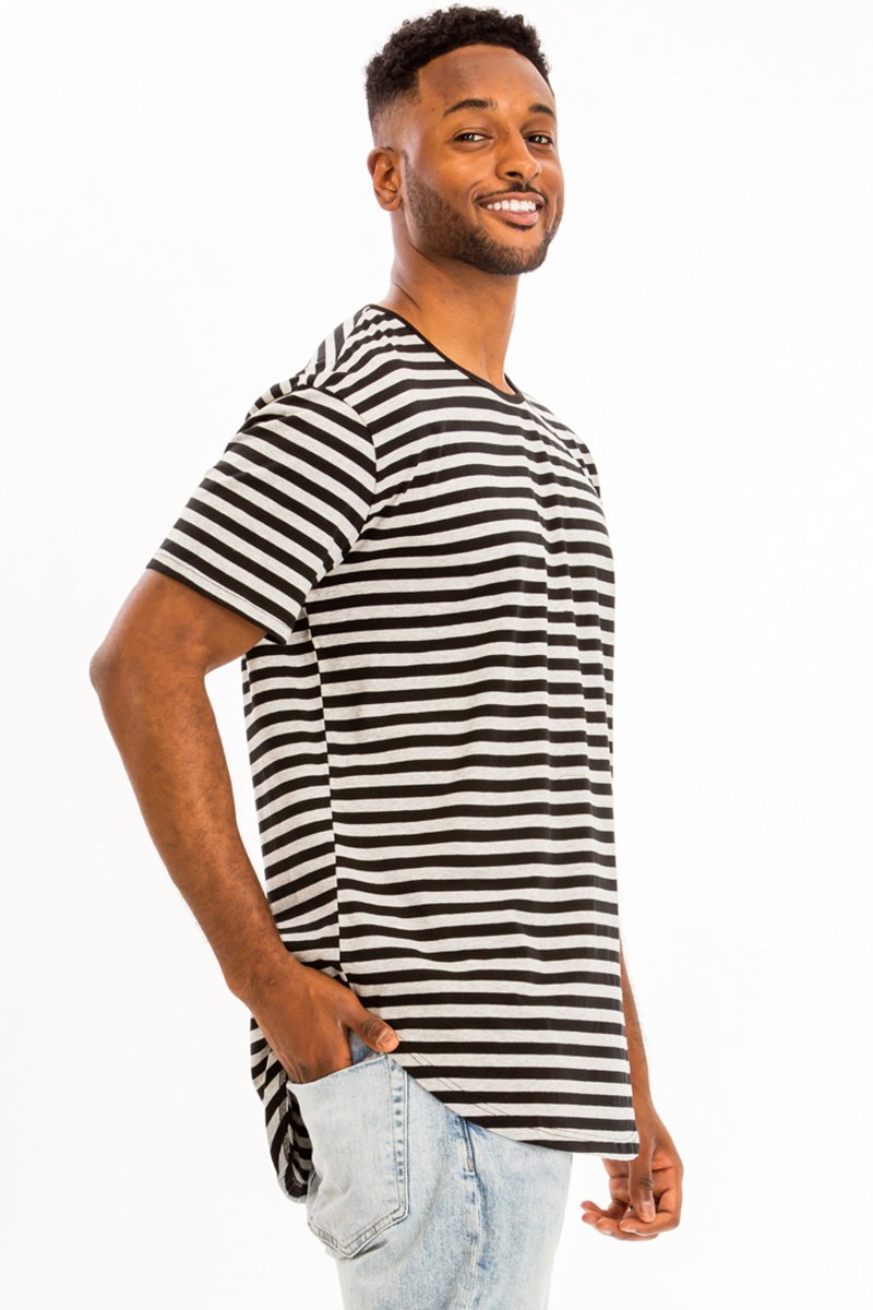 Edwin Striped Tee featuring an oversized fit, made from 97% cotton and 3% spandex, displayed on a model.