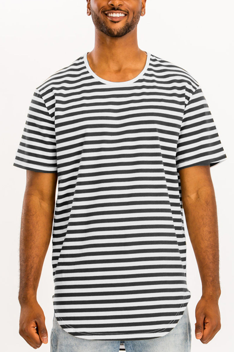 Edwin Striped Tee featuring an oversized fit, made from 97% cotton and 3% spandex, displayed on a model.