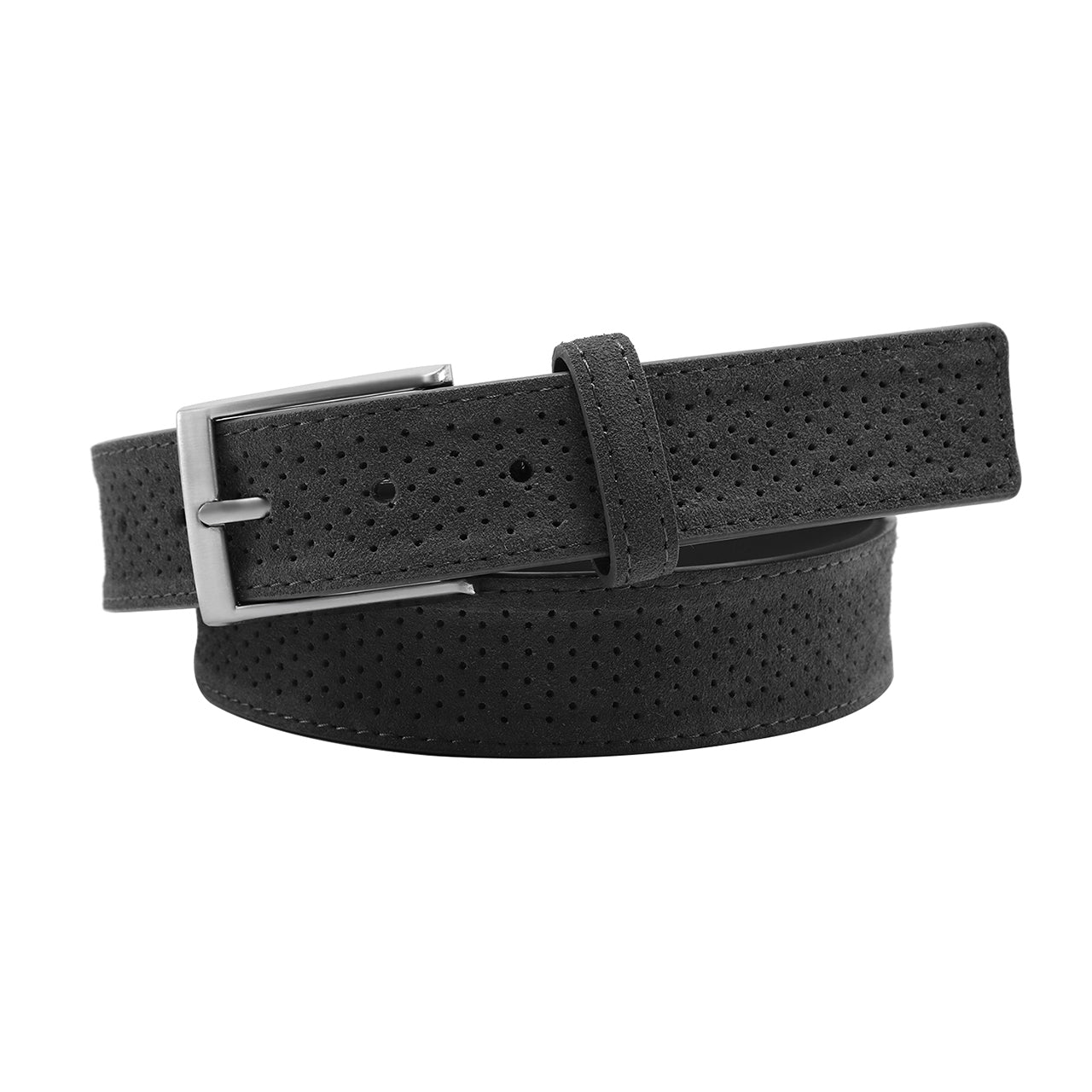 Edwin Suede Leather 3.5 CM Belt in light grey, showcasing its luxurious perforated design and high-quality leather material.