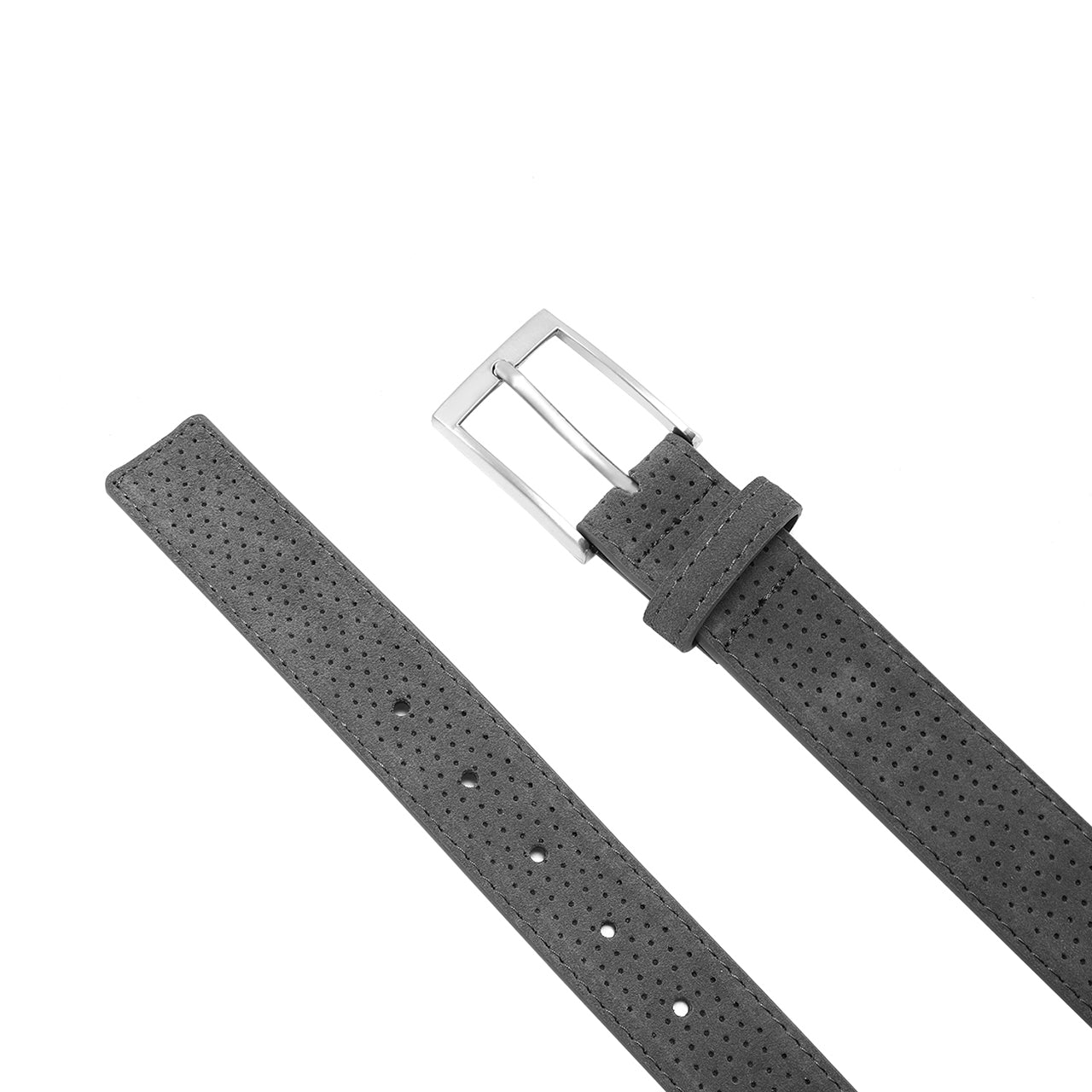 Edwin Suede Leather 3.5 CM Belt in light grey, showcasing its luxurious perforated design and high-quality leather material.