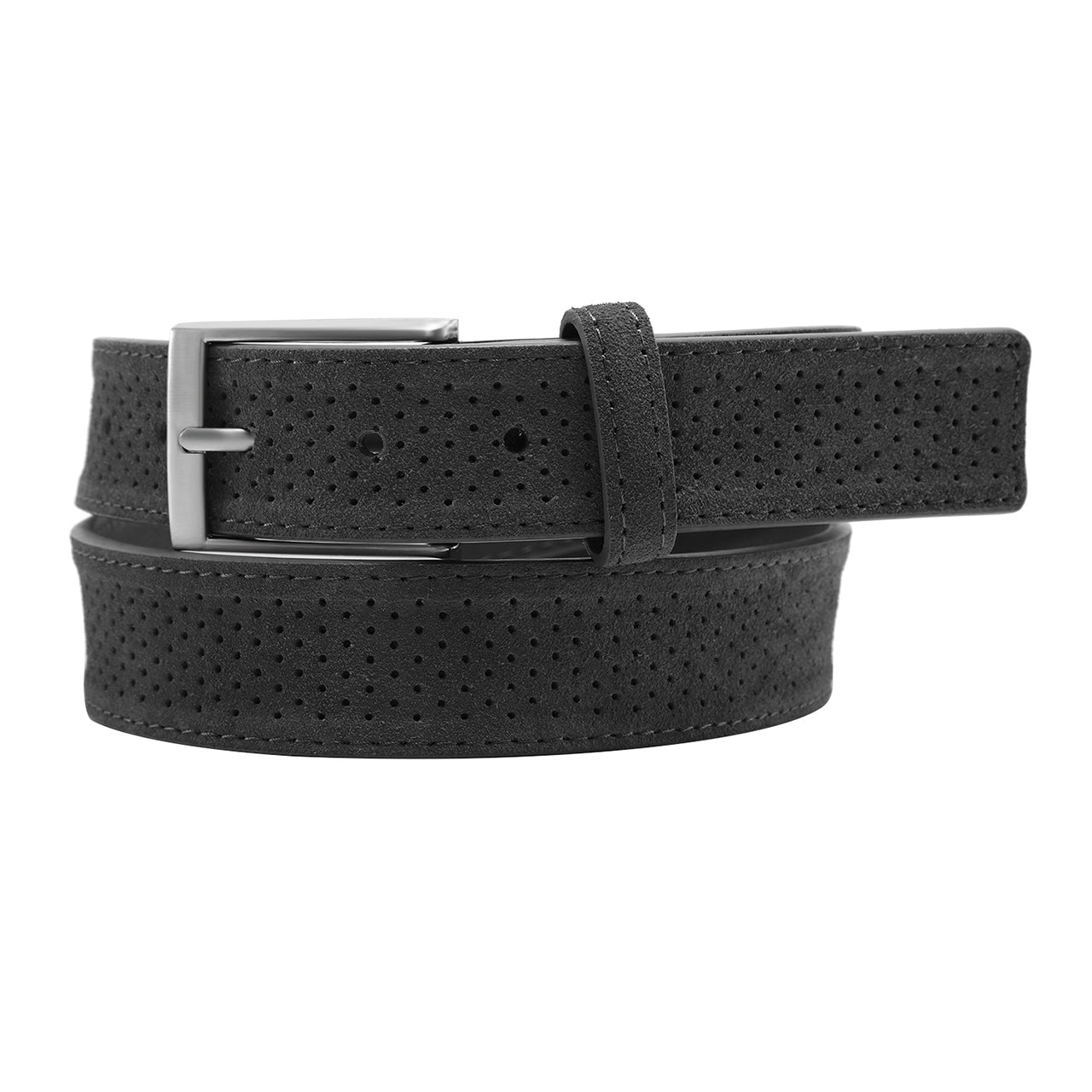 Edwin Suede Leather 3.5 CM Belt in light grey, showcasing its luxurious perforated design and high-quality leather material.