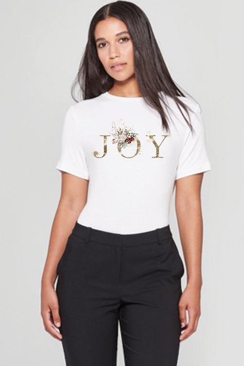 Elegant Joy T-shirt in soft ring-spun cotton, showcasing a stylish unisex design suitable for all occasions.