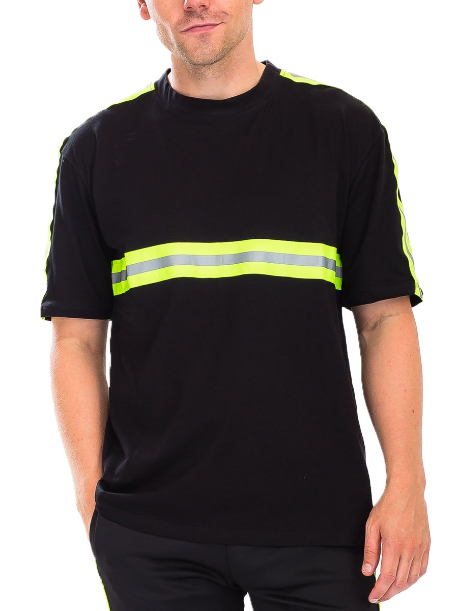 Element Reflective Tee showcasing reflective tape across chest and sleeves, made of 100% cotton, styled on a model.