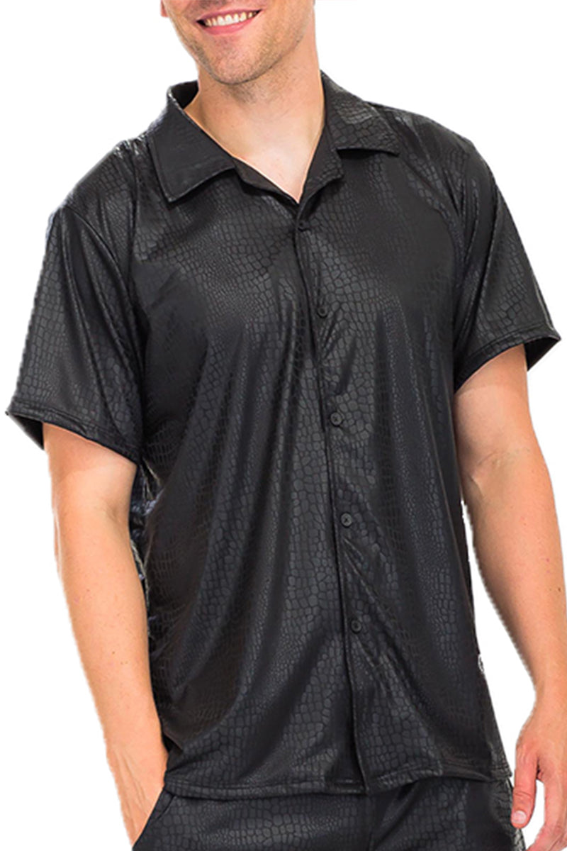 A stylish Embossed Button Down Shirt in a Cuban fit, featuring a six-button closure and a collar, made from a comfortable polyester-spandex blend.