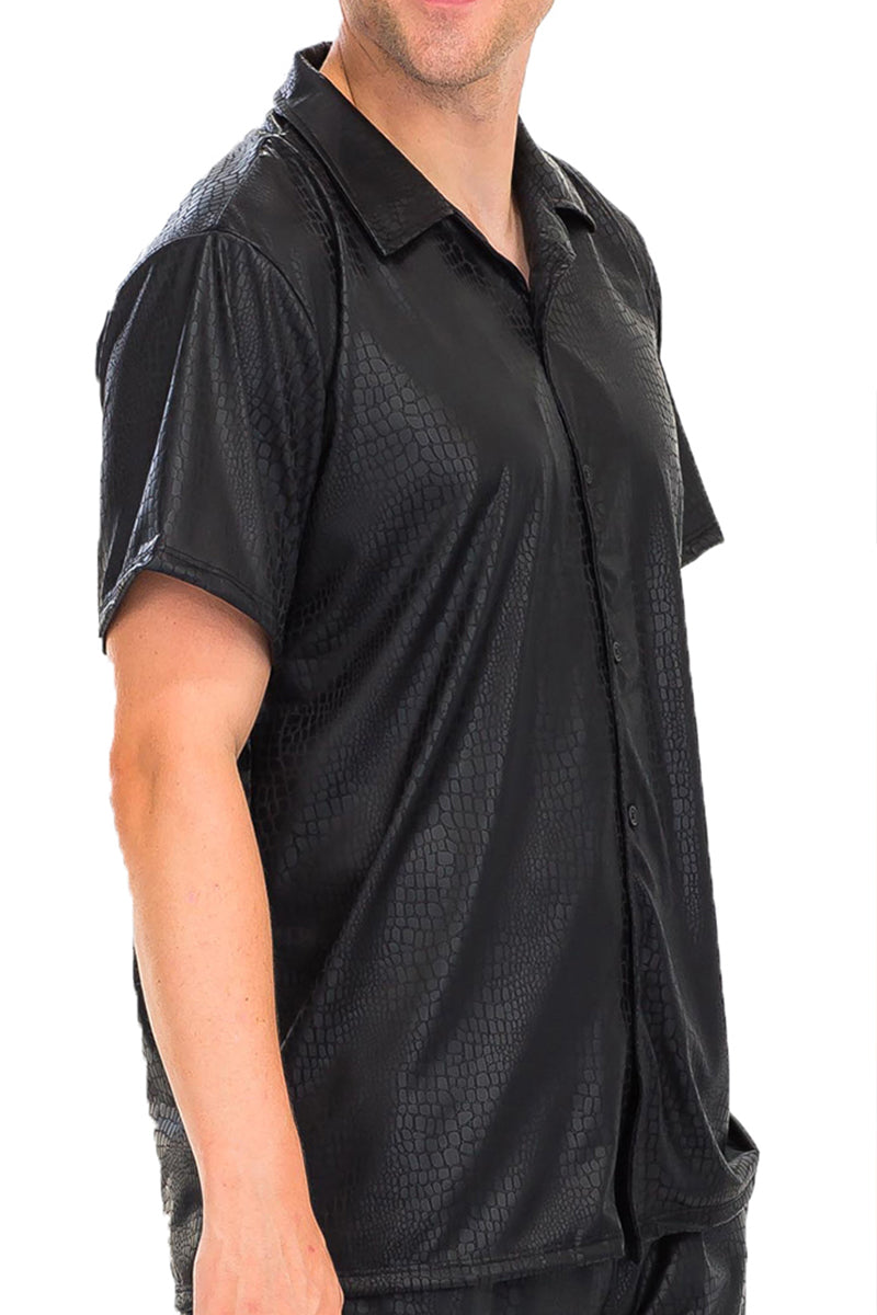 A stylish Embossed Button Down Shirt in a Cuban fit, featuring a six-button closure and a collar, made from a comfortable polyester-spandex blend.