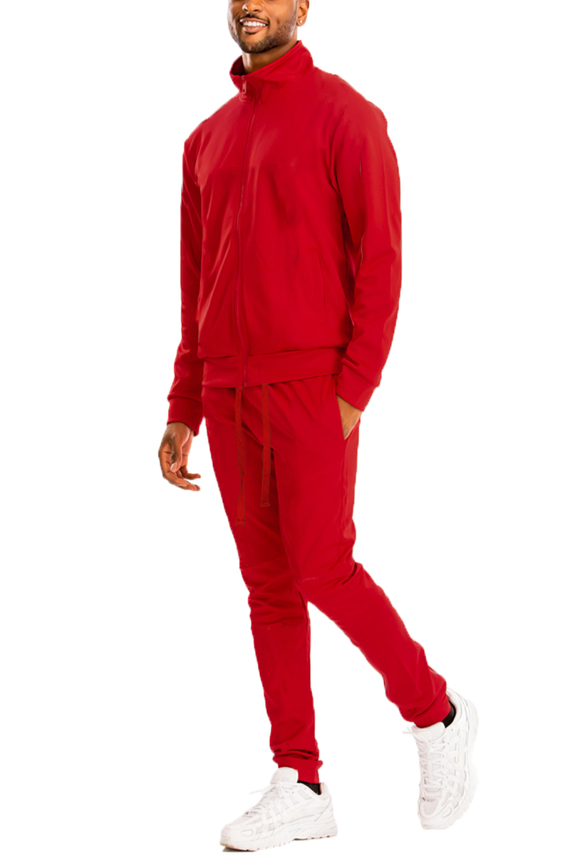 Men's Essential Basic Plain Solid Track Suit featuring a zip-up jacket and ankle zipper pants in a sleek design.