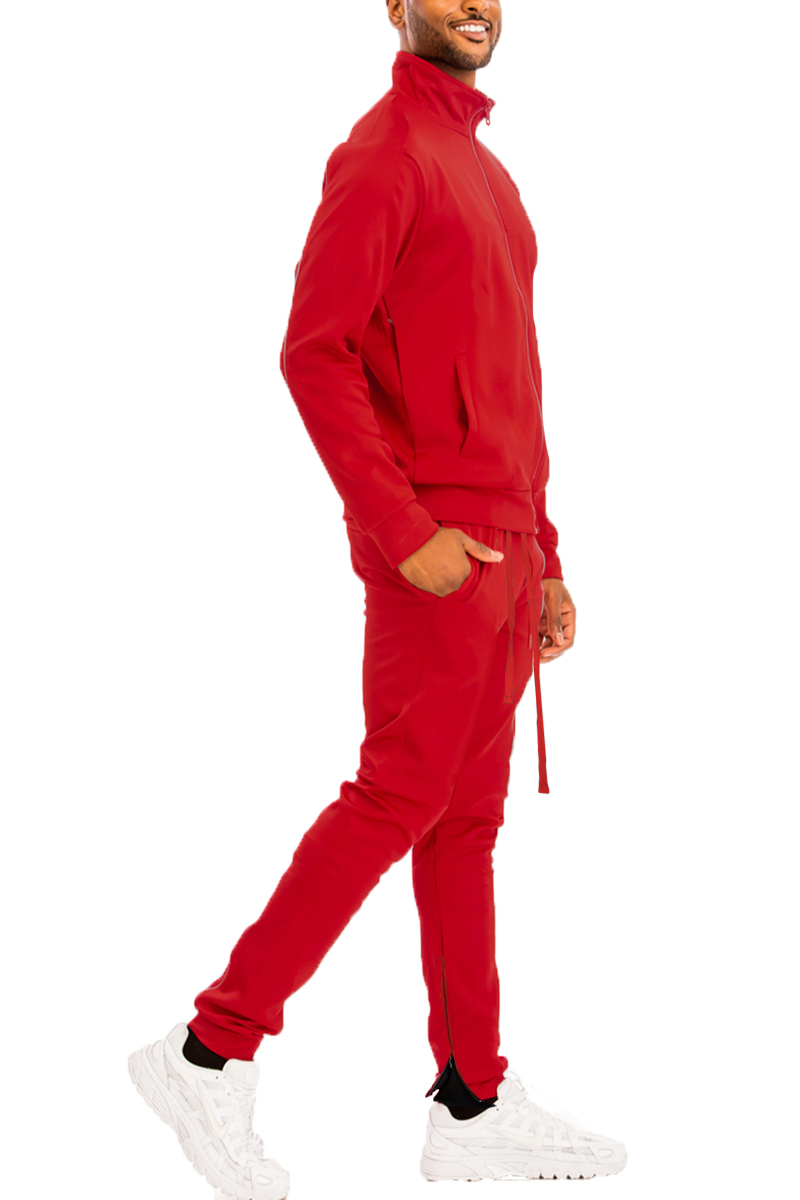 Men's Essential Basic Plain Solid Track Suit featuring a zip-up jacket and ankle zipper pants in a sleek design.