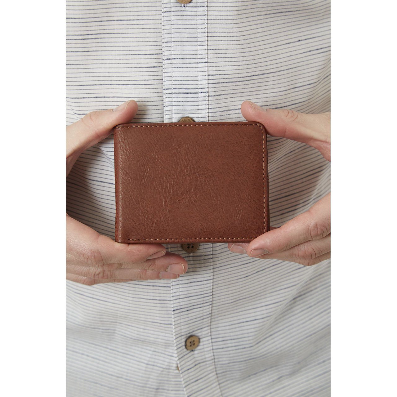 Evan Vegan Leather Bi-Fold Wallet featuring PX embossing, three card slots, and compact dimensions.