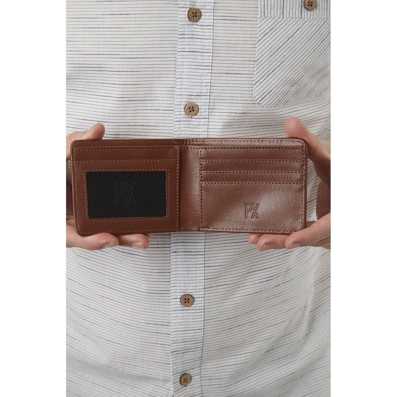 Evan Vegan Leather Bi-Fold Wallet featuring PX embossing, three card slots, and compact dimensions.