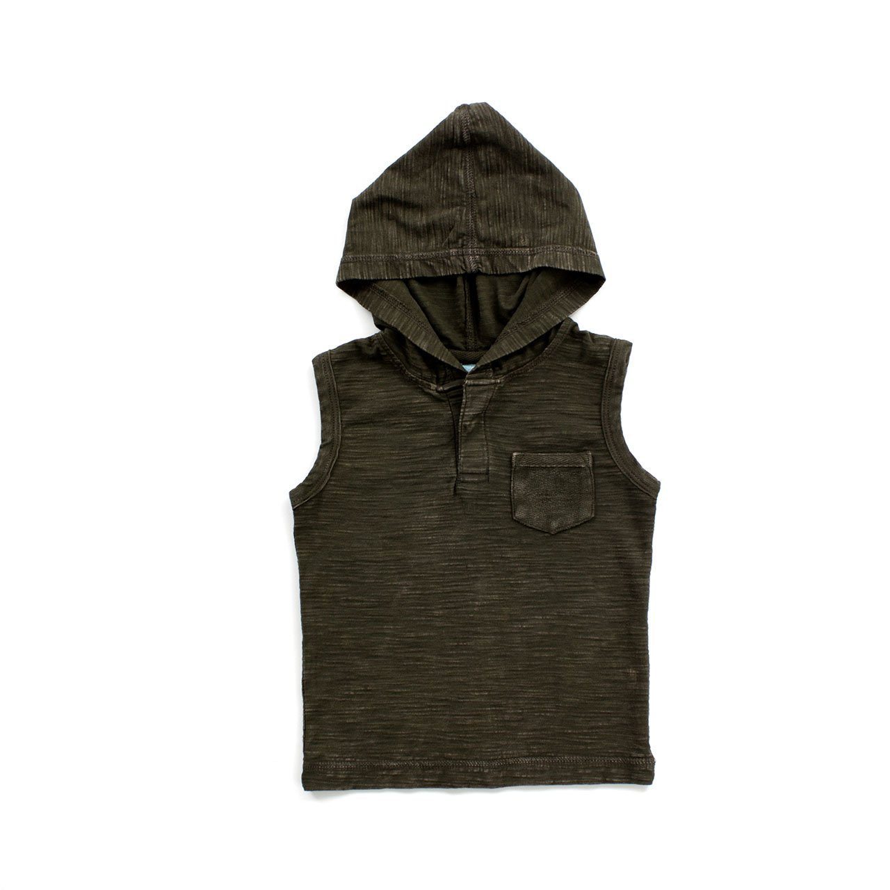 Everett Tank Baby in charcoal color with a hood and chest pocket, designed for active toddlers.