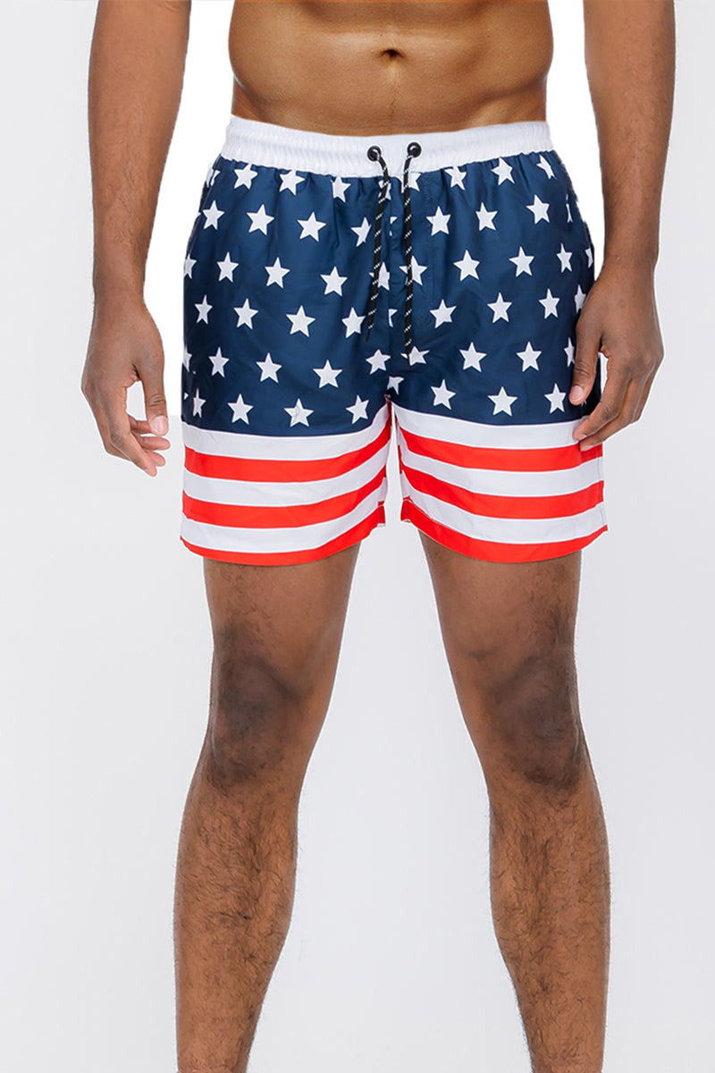 A pair of vibrant flag print swim shorts featuring a regular fit and mesh lining, ideal for beach and pool activities.