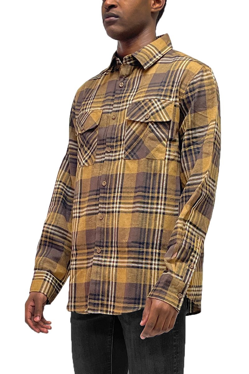 A cozy checkered flannel shirt with long sleeves, brushed on both sides for a soft and fluffy feel, suitable for unisex wear.