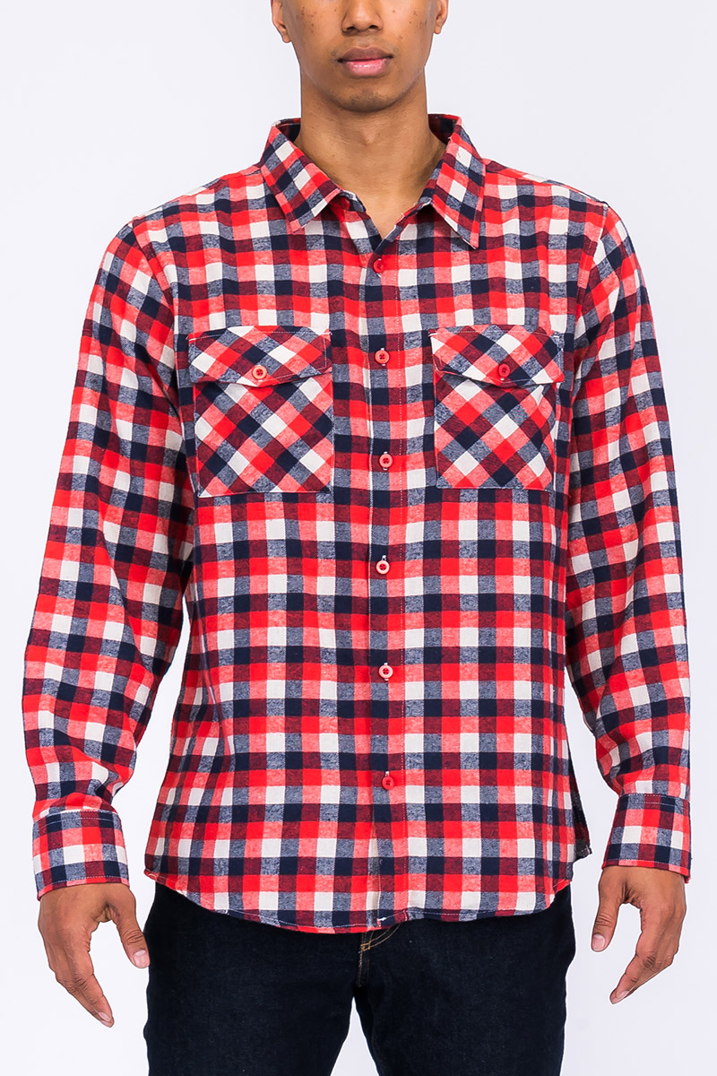 Cozy flannel shirt made of 100% polyester, modeled by a person standing at 5'11 in size Large.