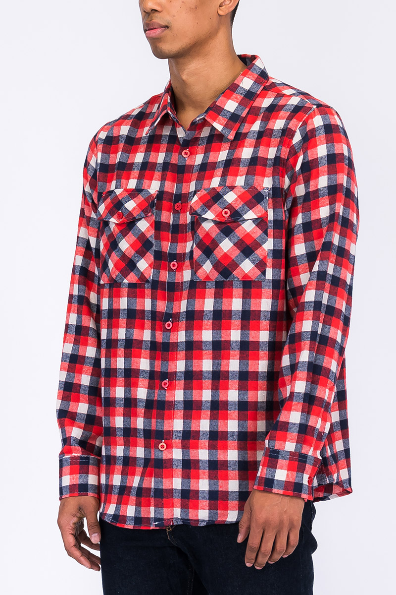 Cozy flannel shirt made of 100% polyester, modeled by a person standing at 5'11 in size Large.