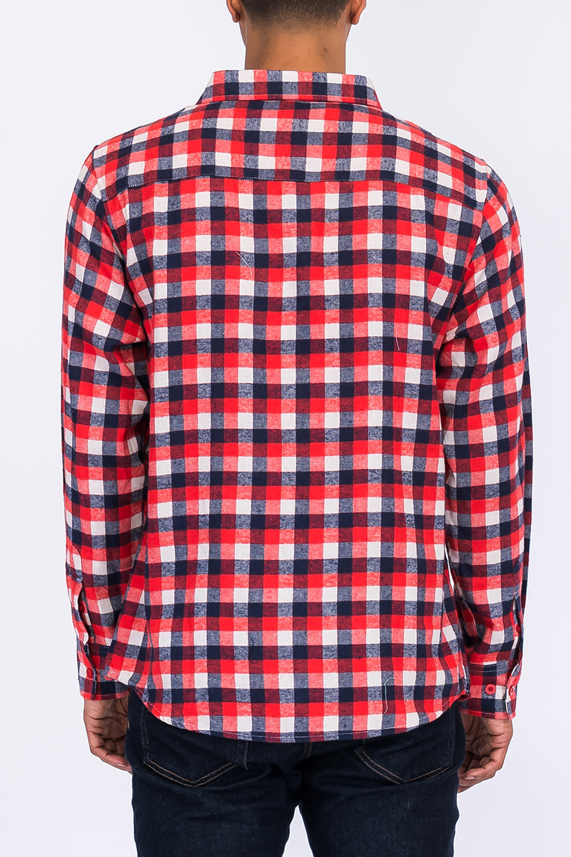 Cozy flannel shirt made of 100% polyester, modeled by a person standing at 5'11 in size Large.