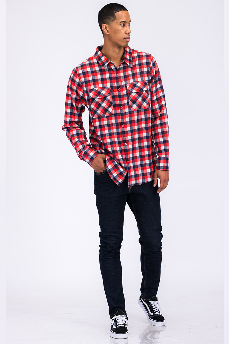 Cozy flannel shirt made of 100% polyester, modeled by a person standing at 5'11 in size Large.