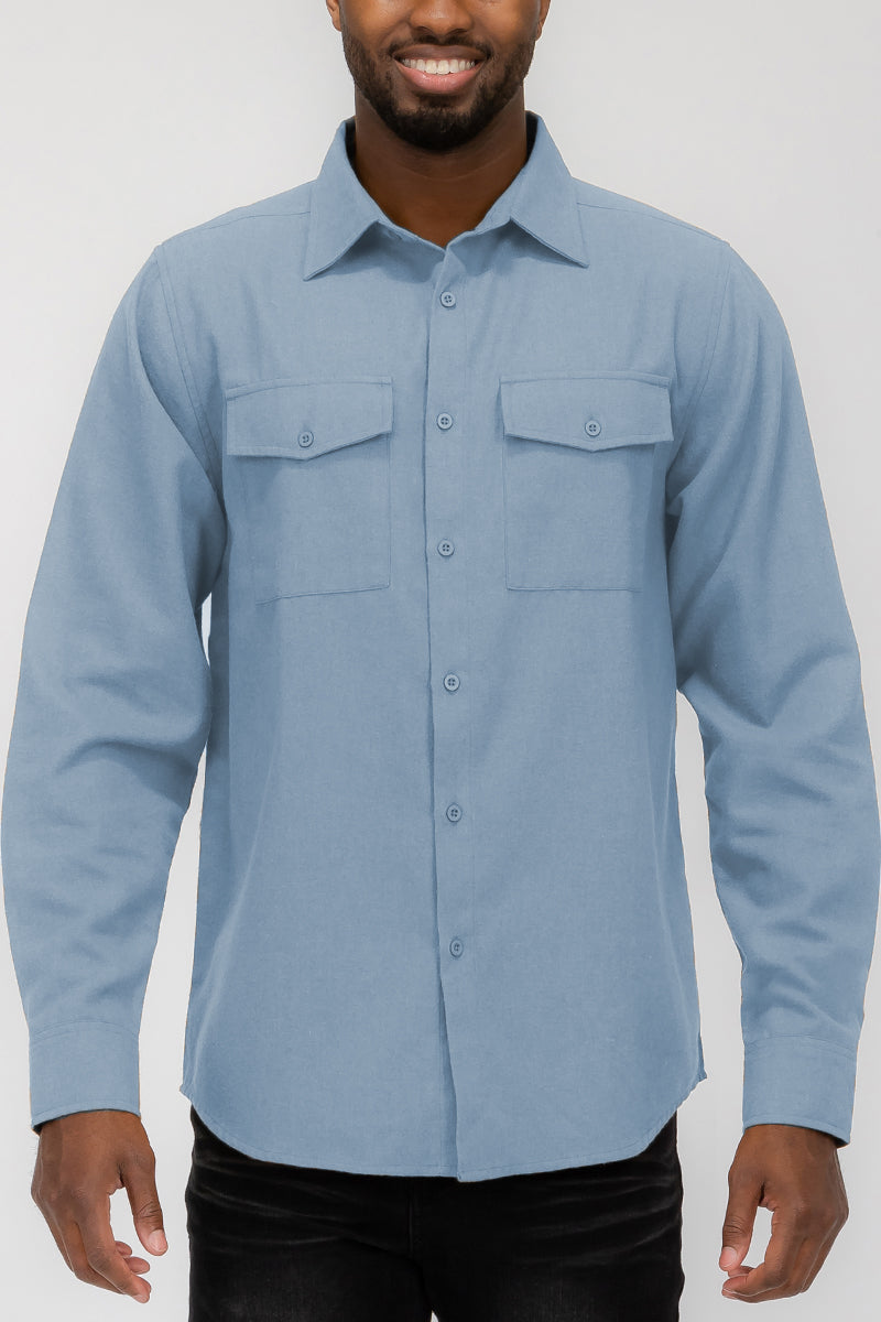 Flannel 2.1 long sleeve shirt in solid color with dual chest pockets and button flaps, showcasing a stylish and comfortable design.