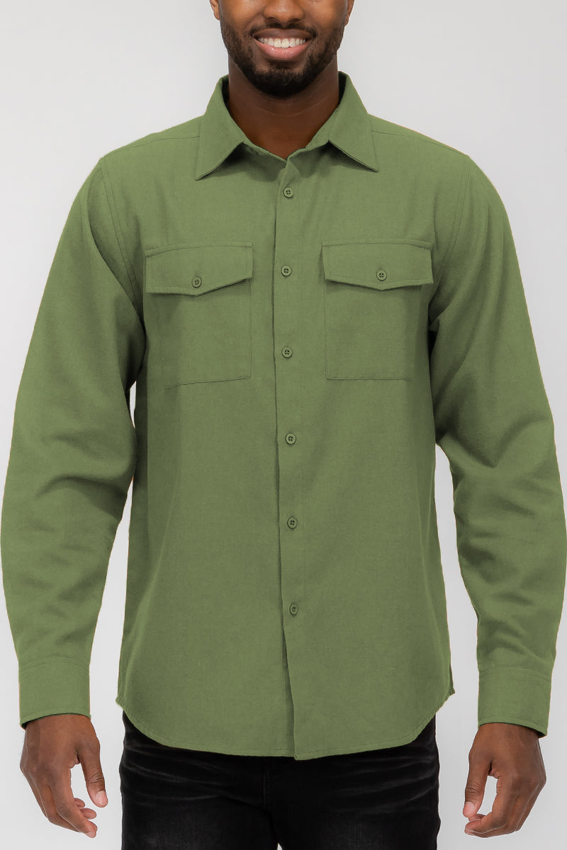 Flannel 2.1 long sleeve shirt in solid color with dual chest pockets and button flaps, showcasing a stylish and comfortable design.