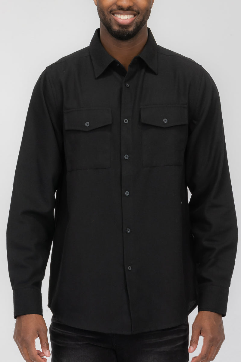 Flannel 2.1 long sleeve shirt in solid color with dual chest pockets and button flaps, showcasing a stylish and comfortable design.