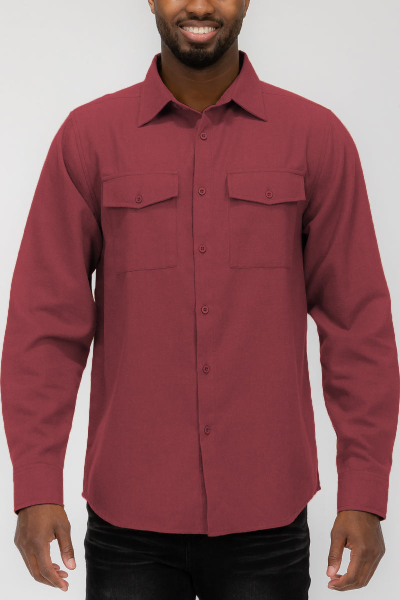 Flannel 2.1 long sleeve shirt in solid color with dual chest pockets and button flaps, showcasing a stylish and comfortable design.