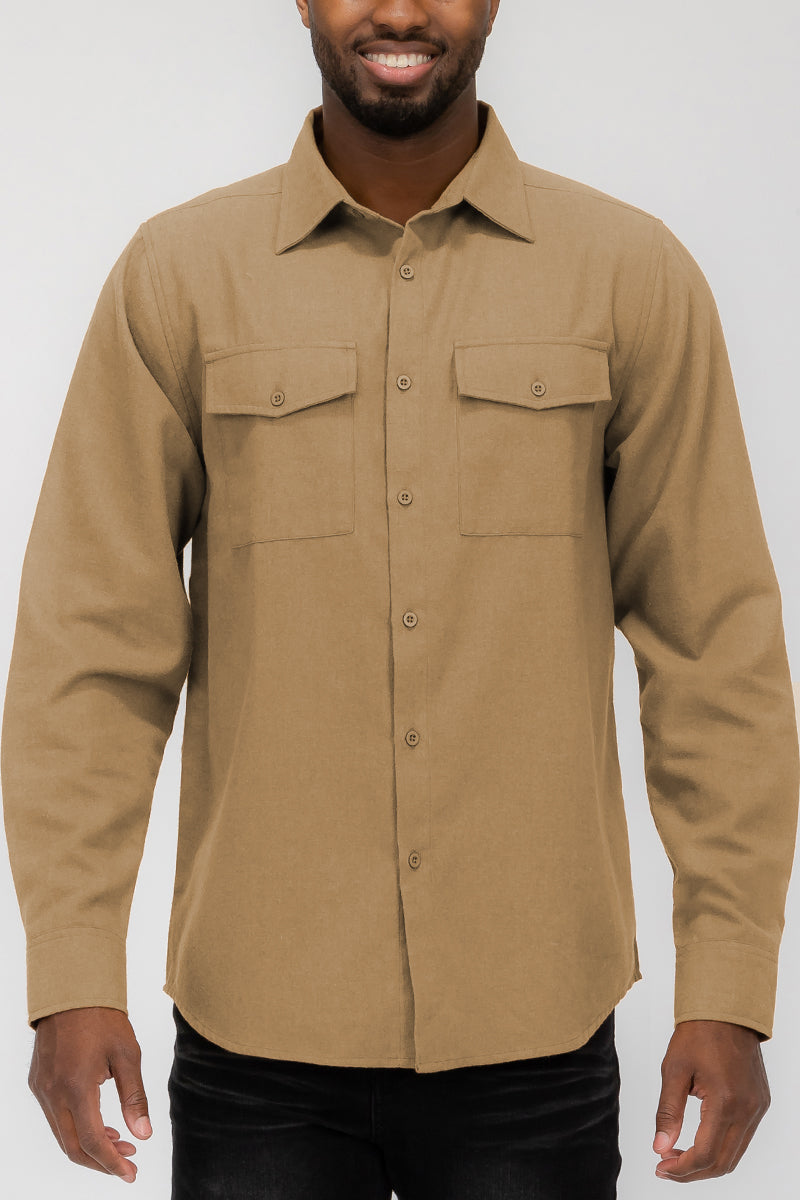 Flannel 2.1 long sleeve shirt in solid color with dual chest pockets and button flaps, showcasing a stylish and comfortable design.