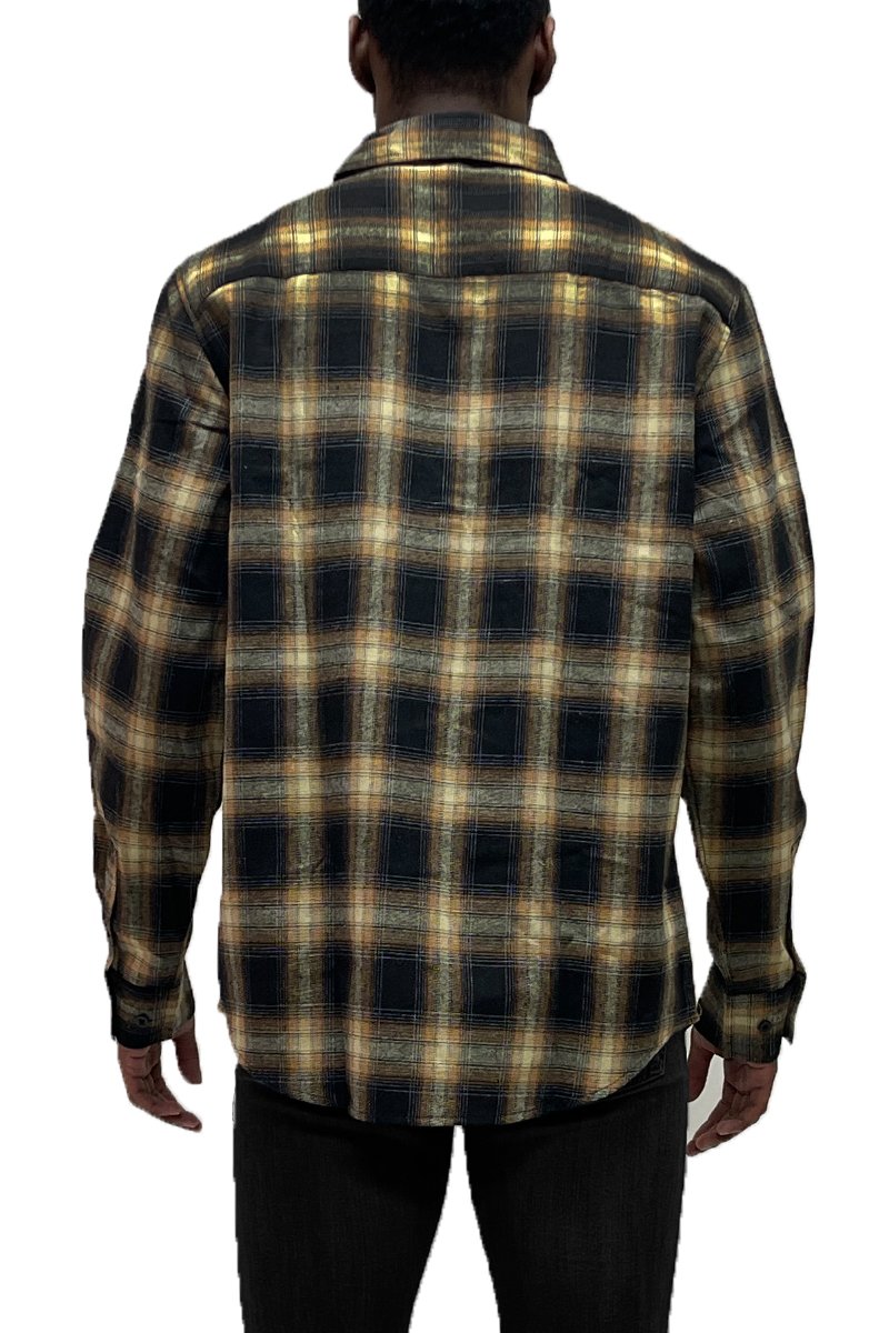 A cozy checkered flannel shirt with long sleeves, brushed on both sides for softness, displayed on a hanger.