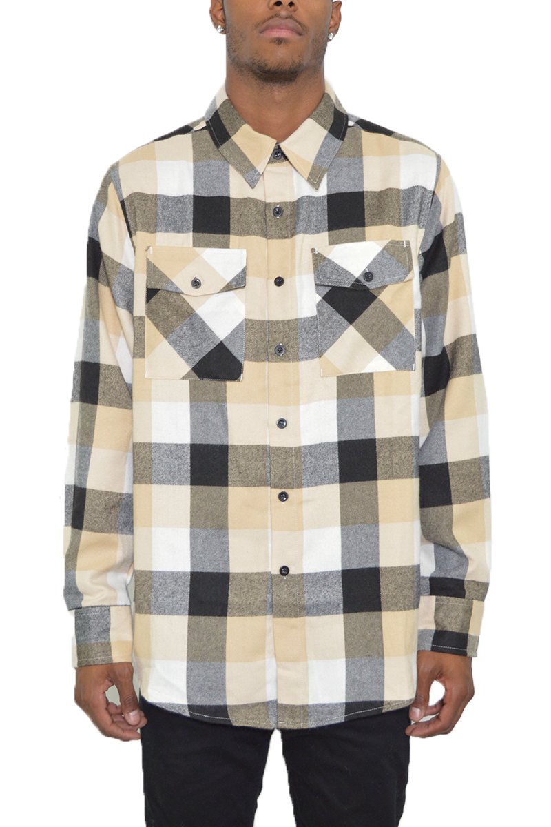 A stylish flannel shirt made from 100% polyester, showcasing a classic pattern and true-to-size fit, perfect for layering and casual wear.