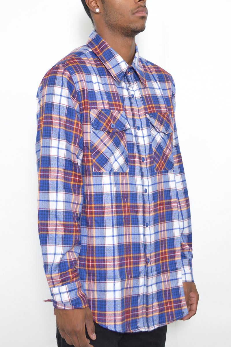 A stylish flannel shirt made from 100% polyester, shown on a model standing at 5'11 wearing size Large.