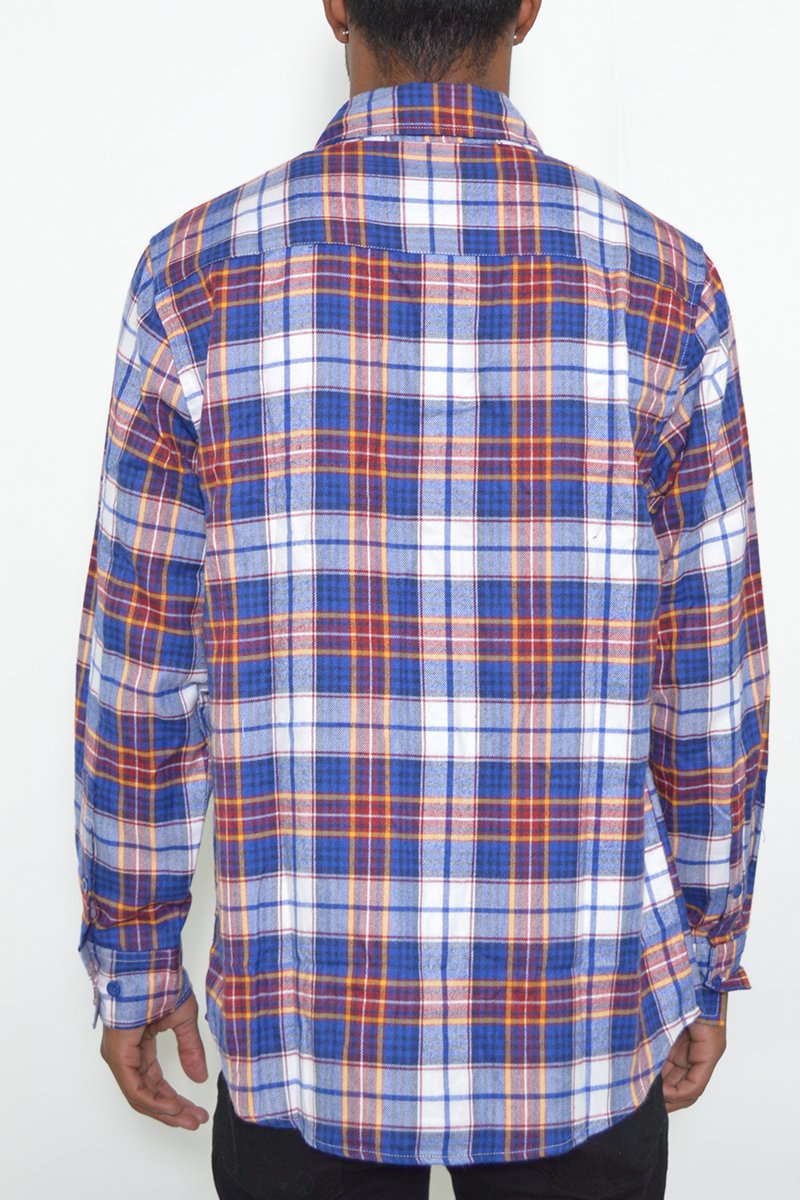 A stylish flannel shirt made from 100% polyester, shown on a model standing at 5'11 wearing size Large.