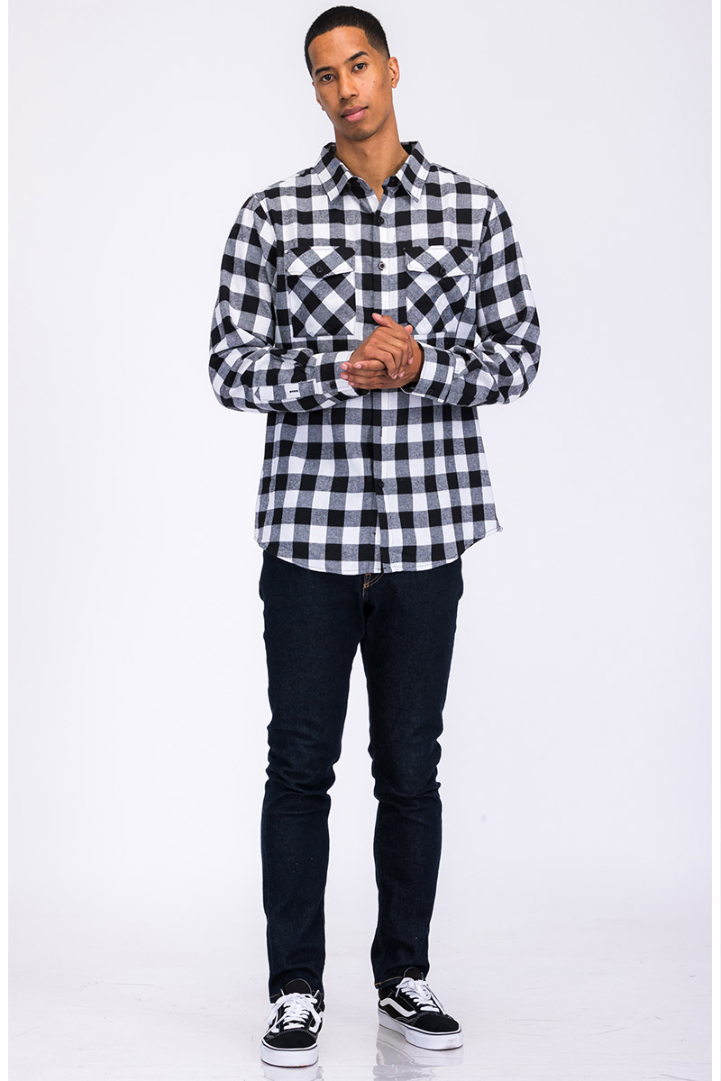 A cozy flannel shirt made from 100% polyester, showcasing its soft texture and true-to-size fit, perfect for chilly weather.