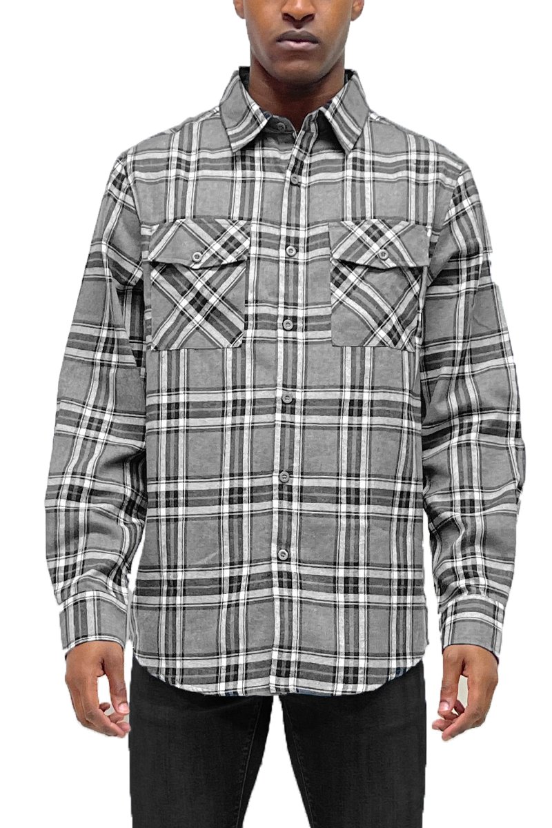 A cozy checkered print flannel shirt with long sleeves, showcasing a brushed texture for warmth and softness.