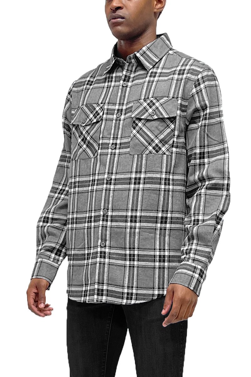 A cozy checkered print flannel shirt with long sleeves, showcasing a brushed texture for warmth and softness.