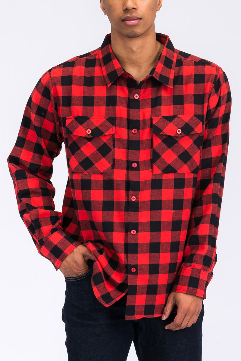 A stylish flannel shirt made from 100% polyester, displayed on a model who is 5'11 tall, wearing a size Large.