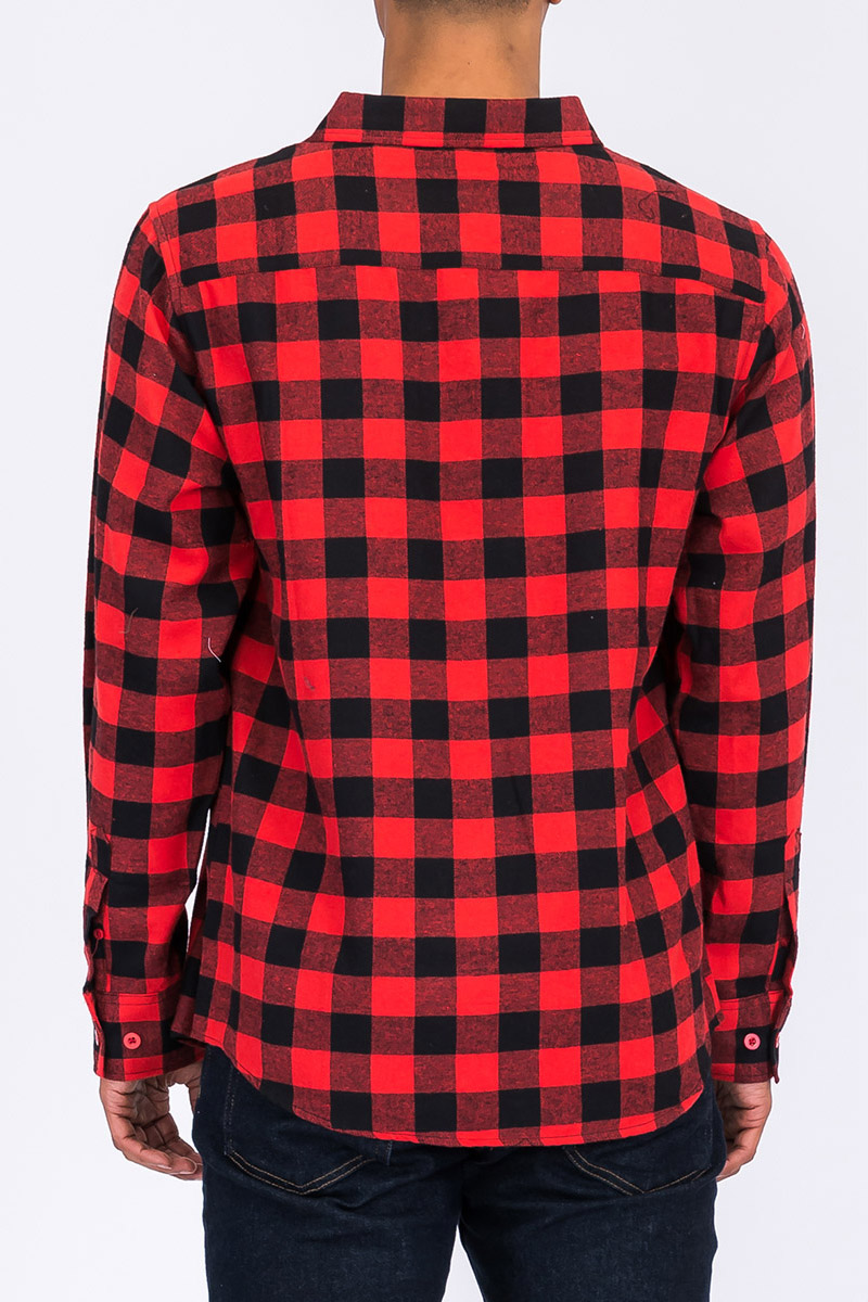 A stylish flannel shirt made from 100% polyester, displayed on a model who is 5'11 tall, wearing a size Large.