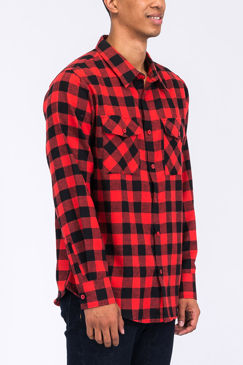 A stylish flannel shirt made from 100% polyester, displayed on a model who is 5'11 tall, wearing a size Large.