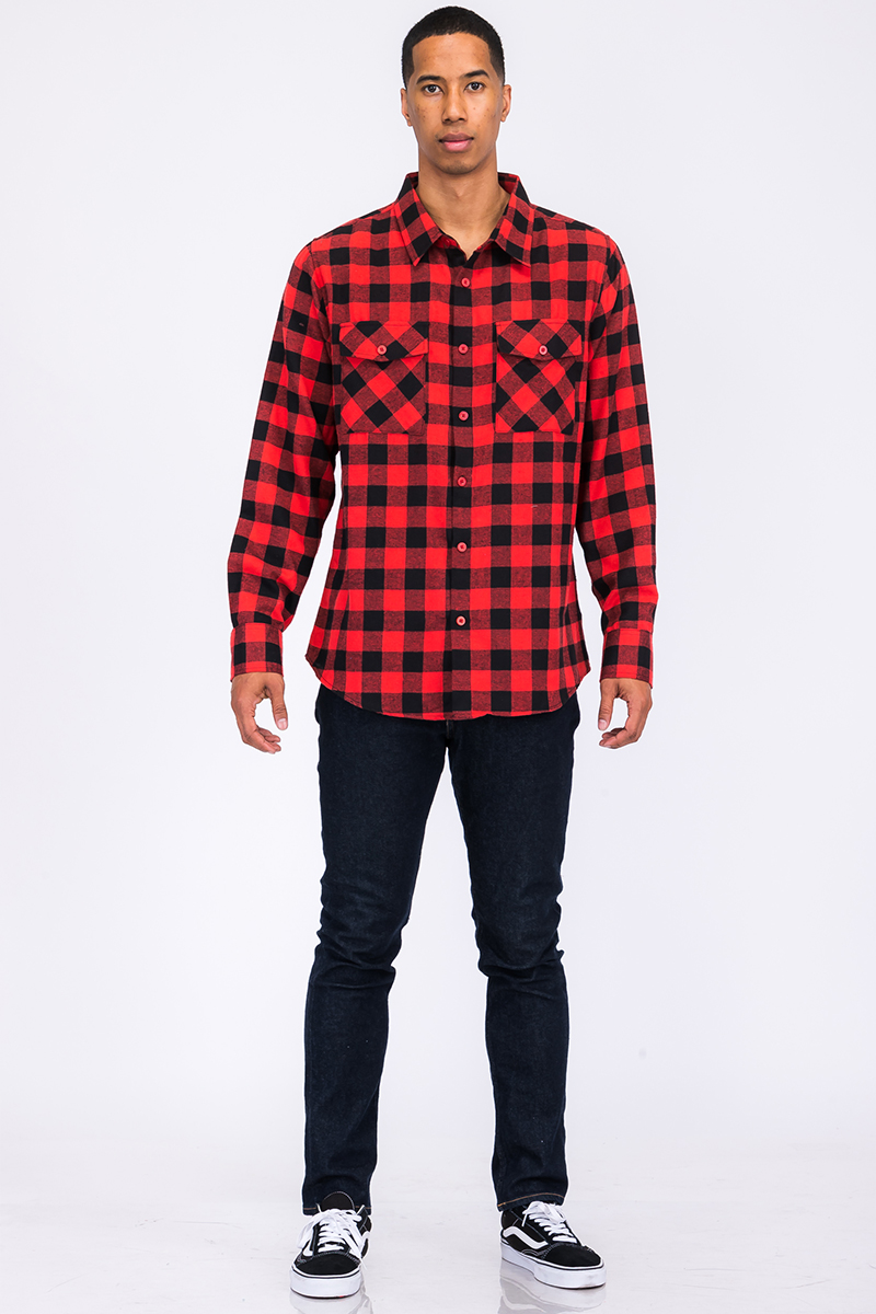 A stylish flannel shirt made from 100% polyester, displayed on a model who is 5'11 tall, wearing a size Large.