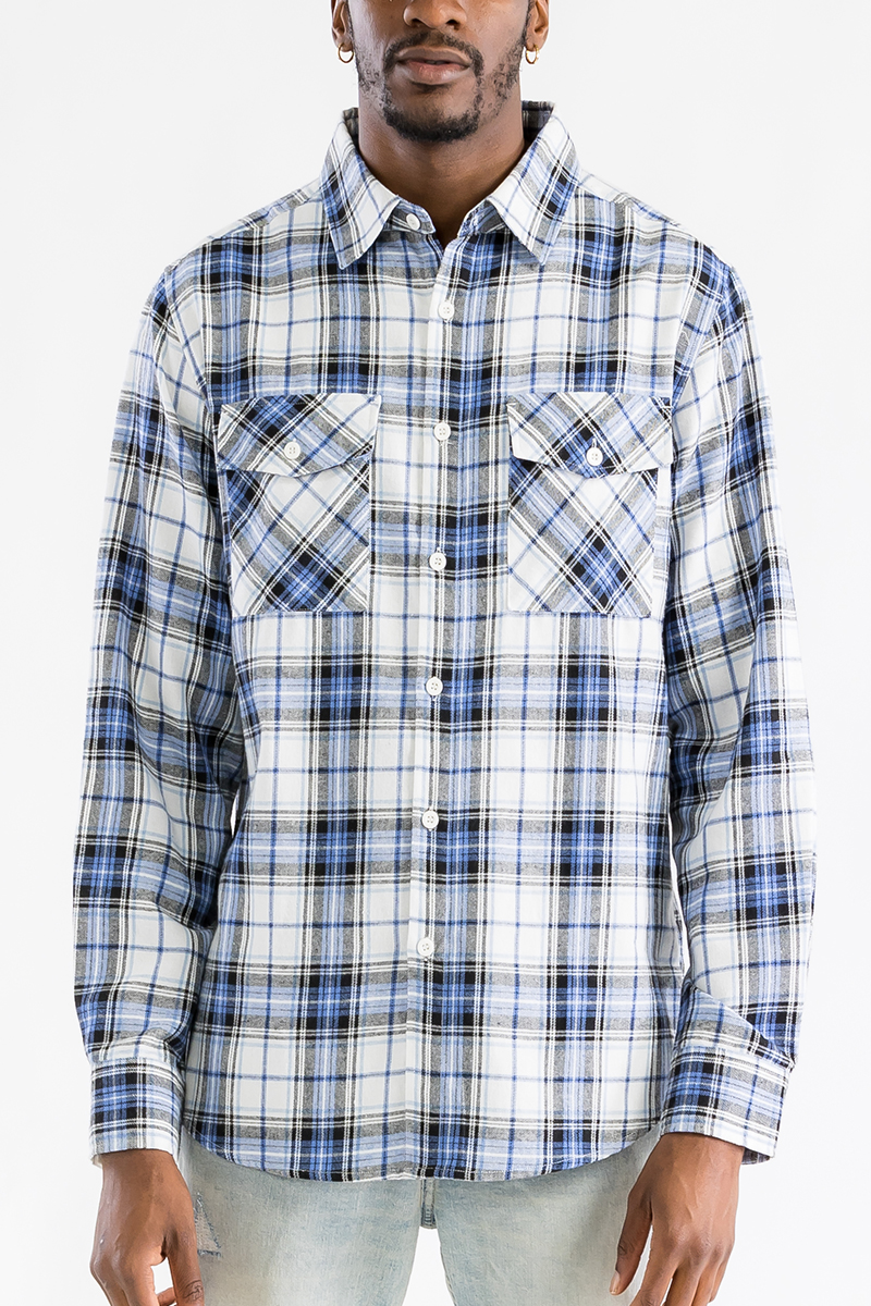 A cozy checkered flannel shirt with long sleeves, brushed on both sides for a soft and fluffy feel, perfect for casual wear.