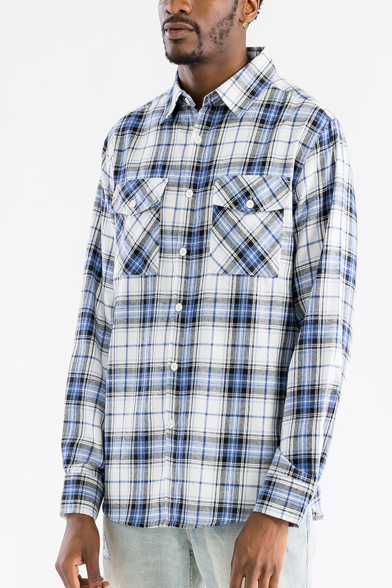 A cozy checkered flannel shirt with long sleeves, brushed on both sides for a soft and fluffy feel, perfect for casual wear.