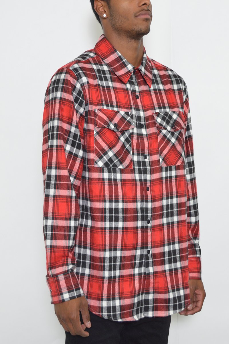 A stylish flannel shirt made from 100% polyester, showcasing its soft texture and true-to-size fit, perfect for layering.