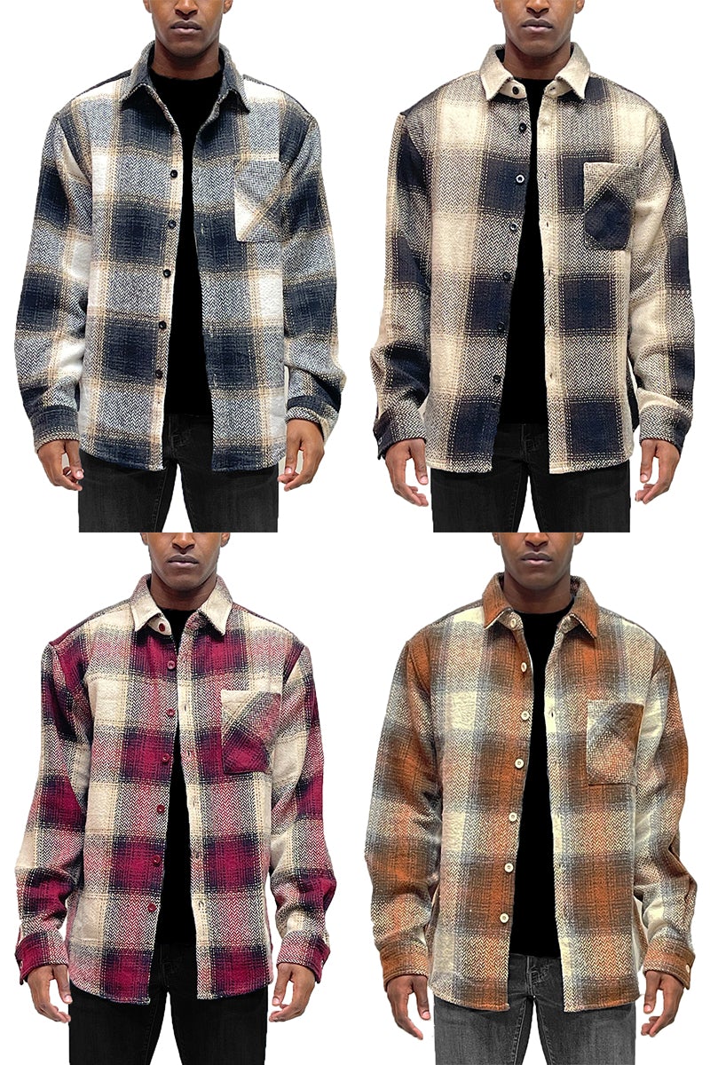 A stylish Flannel Combo Shacket featuring a chest pocket and button closure, perfect for layering in any season.