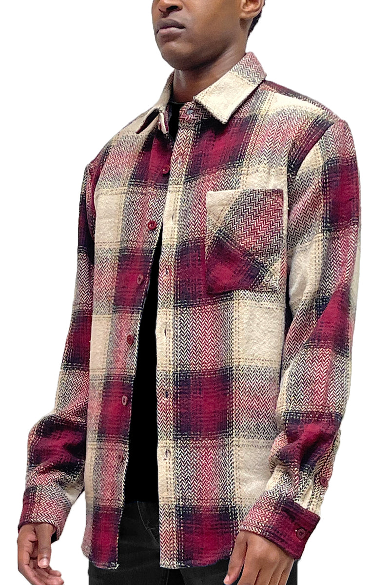 A stylish Flannel Combo Shacket featuring a chest pocket and button closure, perfect for layering in any season.