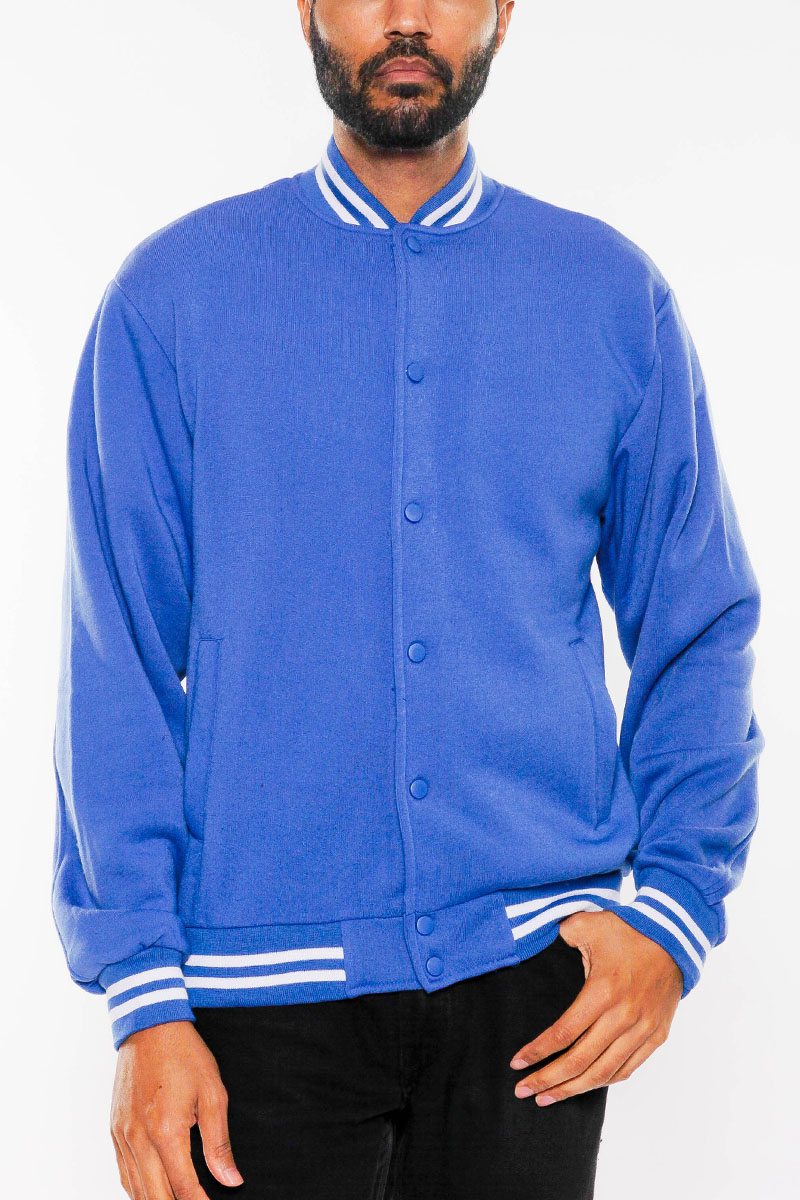 A stylish fleece varsity jacket featuring a snap button closure, ribbed collar, cuffs, and waist, perfect for casual wear.